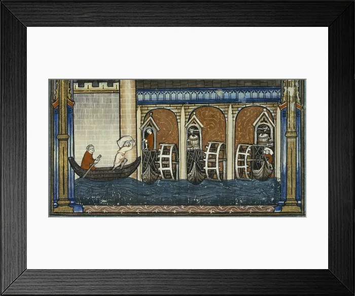 Framed Print : Vie de Saint Denis', page 37. 1317. Scenes of St Dionis life. Detail of shipping at the Seine and Pont aux Meniers. Gothic art. Miniature Painting. FRANCE. Paris Framed Print : Vie de Saint Denis', page 37. 1317. Scenes of St Dionis life. Detail of shipping at the Seine and Pont aux Meniers. Gothic art. Miniature Painting. FRANCE. Paris