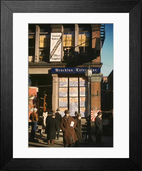 Framed Print : Headlines posted in the window of Brockton Enterprise Newspaper office, Brockton, Mass. 1940. Headlines report on local and international war news. Photo by Jack Delano