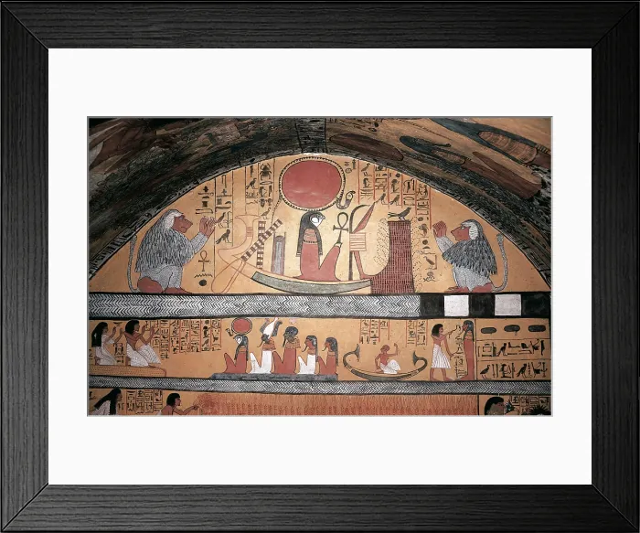 Framed Print : Tomb of Sennedjem. 1306 -1290 BC. EGYPT. Dayr al-Bahri. Valley of the Artisans. Tomb of Sennedjem. Upper section of the eastern wall with God Ra and baboons. Egyptian art