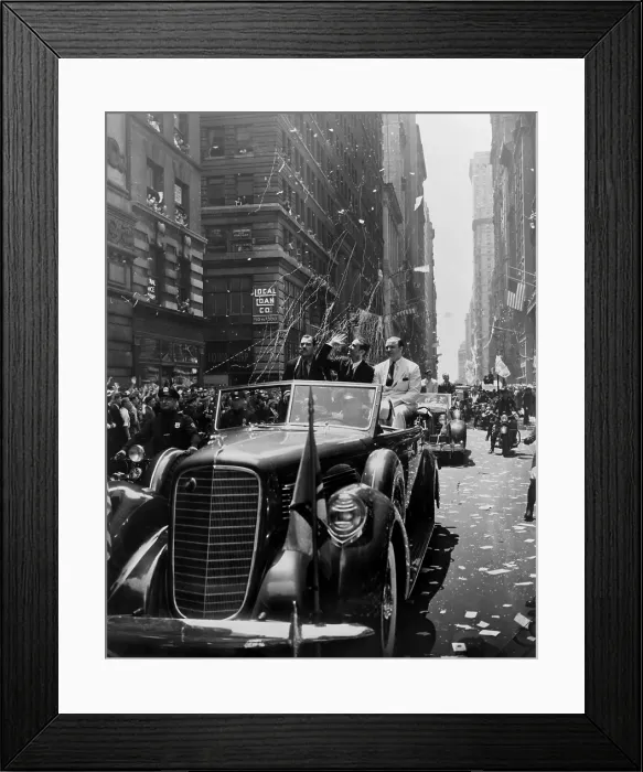 Framed Print : Howard Hughes (center, waving) during a ticker tape parade up Broadway, NYC, July 1938 Framed Print : Howard Hughes (center, waving) during a ticker tape parade up Broadway, NYC, July 1938