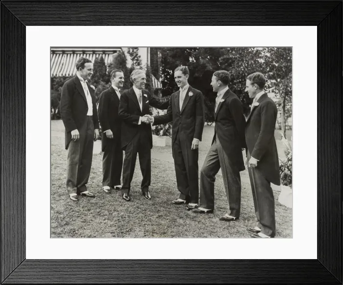 Framed Print : Harvey Firestone congratulating his youngest son Roger at his wedding, Aug. 22, 1930. Rogers four older brothers look on. (BSLOC_2013_8_223)