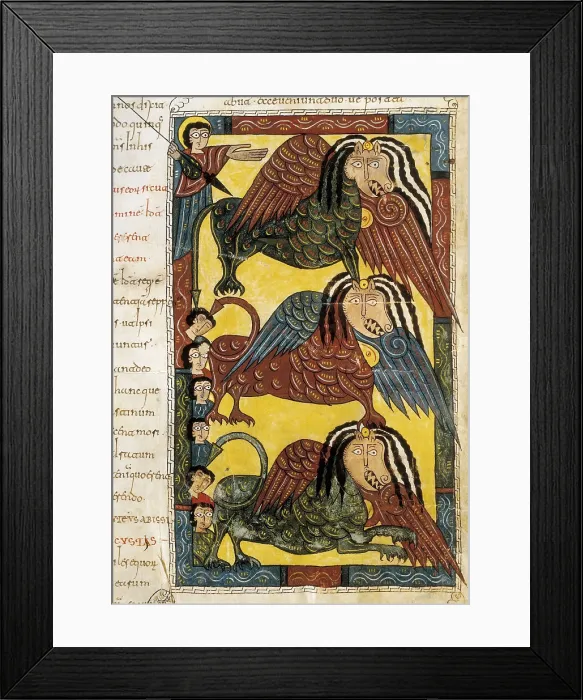 Framed Print : Escorial Beatus. 950 - 955. Cod & II. 5. Folio 96v. Fifth trumpet. Abbadon, the angel of the abyss and the infernal locusts invade the earth (Rev. 9, 1-12) Framed Print : Escorial Beatus. 950 - 955. Cod & II. 5. Folio 96v. Fifth trumpet. Abbadon, the angel of the abyss and the infernal locusts invade the earth (Rev. 9, 1-12)
