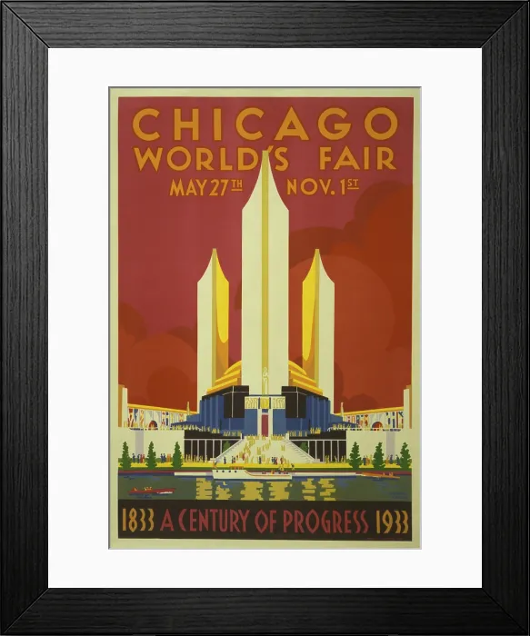 Framed Print : Poster for the 1933 Chicago world's fair, A Century of Progress'. Poster shows buildings with boats on water in foreground. (BSLOC_2013_8_224)