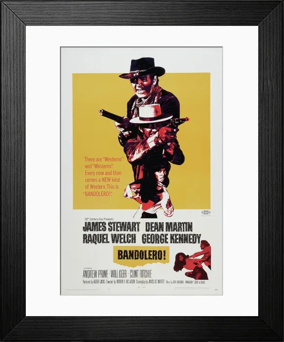 Framed Print : BANDOLERO!, US poster, top: James Stewart, Dean Martin, Raquel Welch, 1968
