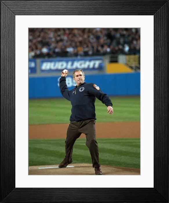 Framed Print : President George W. Bush throws the ceremonial first pitch at Yankee Stadium. Oct. 30, 2001. Game three between the Arizona Diamondbacks and the New York Yankees Framed Print : President George W. Bush throws the ceremonial first pitch at Yankee Stadium. Oct. 30, 2001. Game three between the Arizona Diamondbacks and the New York Yankees