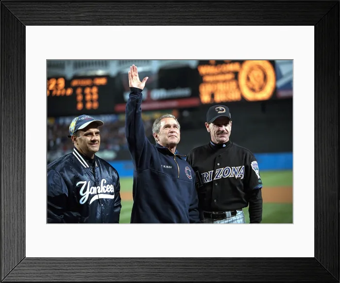 Framed Print : President George W. Bush waves to the World Series crowd at Yankee Stadium. With him are Yankees manager Joe Torre (left) and Diamondbacks manager Bob Brenly. Oct. 30, 2001 Framed Print : President George W. Bush waves to the World Series crowd at Yankee Stadium. With him are Yankees manager Joe Torre (left) and Diamondbacks manager Bob Brenly. Oct. 30, 2001