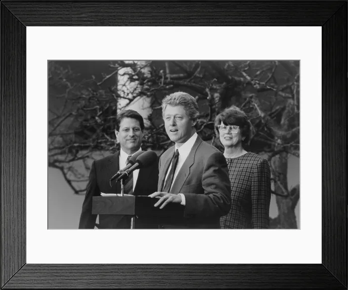 Framed Print : President Bill Clinton with VP Albert Gore and Attorney General Janet Reno. Reno was the first woman Attorney General and served for 8 years. (BSLOC_2015_2_188)