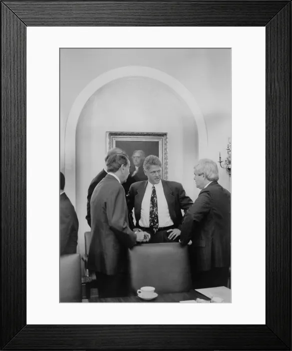 Framed Print : President Bill Clinton meet with Republican Congressional leaders in 1993. L-R: Senate Minority Leader, Bob Dole; President Clinton; House Minority Whip, Newt Gingrich Framed Print : President Bill Clinton meet with Republican Congressional leaders in 1993. L-R: Senate Minority Leader, Bob Dole; President Clinton; House Minority Whip, Newt Gingrich