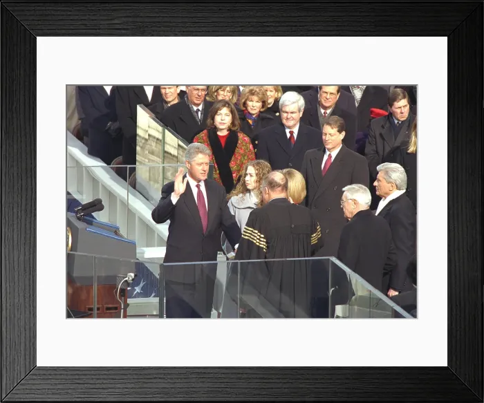 Framed Print : President Bill Clinton being sworn in for his second term, Jan. 20, 1997. Daughter Chelsea and wife Hillary stand with him as Chief Justice Rehnquist officiates Framed Print : President Bill Clinton being sworn in for his second term, Jan. 20, 1997. Daughter Chelsea and wife Hillary stand with him as Chief Justice Rehnquist officiates