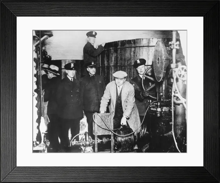 Framed Print : Detroit police inspecting equipment found in a clandestine underground brewery. Ca. 1921-32. (BSLOC_2016_7_2) Framed Print : Detroit police inspecting equipment found in a clandestine underground brewery. Ca. 1921-32. (BSLOC_2016_7_2)