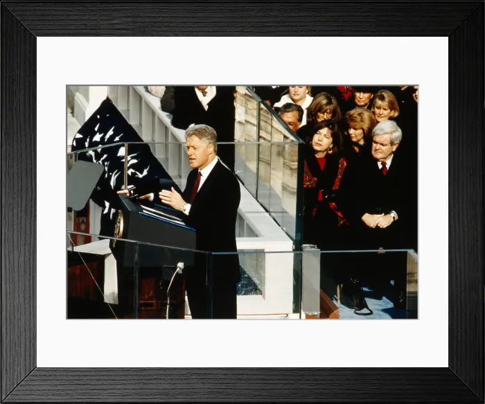 Framed Print : President Bill Clinton delivering his second inaugural address, Jan. 20, 1997. At right are House Majority Leader, Newt Gingrich and his second wife, Marianne Ginther Framed Print : President Bill Clinton delivering his second inaugural address, Jan. 20, 1997. At right are House Majority Leader, Newt Gingrich and his second wife, Marianne Ginther