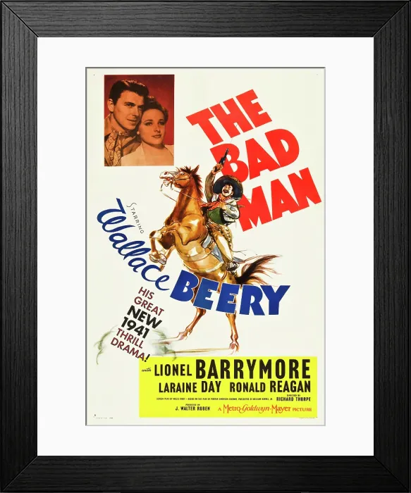 Framed Print : THE BAD MAN, top l-r: Ronald Reagan, Laraine Day, bottom: Wallace Beery on poster art, 1941