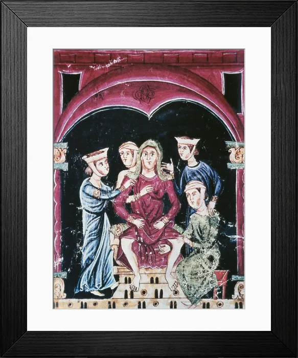Framed Print : Labor. Woman giving birth and four nurses looking after her. Gothic art. Miniature Painting. AUSTRIA. Vienna. National Library. - J