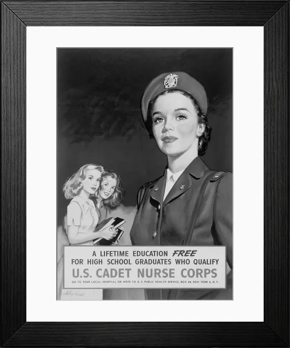 Framed Print : Recruitment poster showing U.S. Cadet nurse, and two high school girls admiring her. It offers a lifetime education free for high school graduates who qualify. 1945 Framed Print : Recruitment poster showing U.S. Cadet nurse, and two high school girls admiring her. It offers a lifetime education free for high school graduates who qualify. 1945