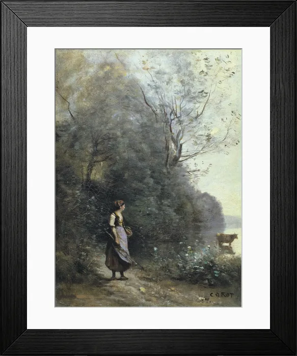 Framed Print : COROT, Jean-Baptiste Camille (1796-1875). A Peasant Woman Grazing a Cow at the Edge of a Forest. mid. 19th c. Realism. Oil on canvas. RUSSIA. Saint Petersburg