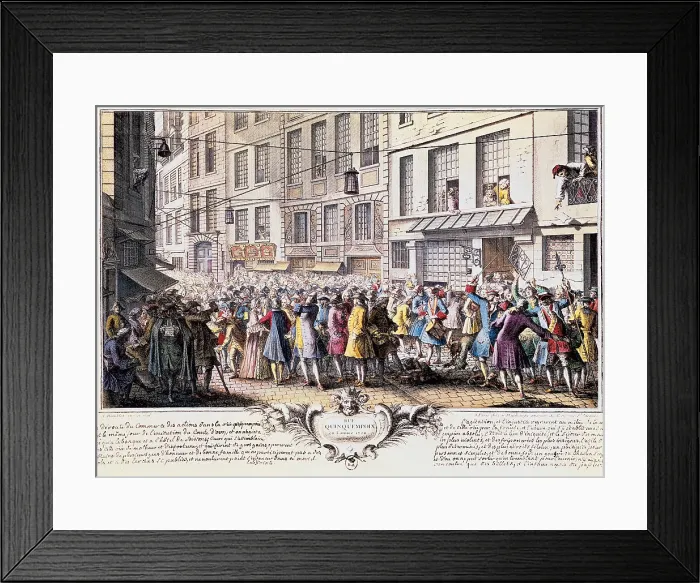 Framed Print : Paris. Rue Quinquempoix, 1720. Scene of panic outside a financial institution during the speculative crisis, 1719-1720. Engraving by Antoine Humblot. Engraving. FRANCE. Paris