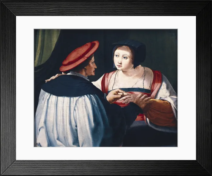 Framed Print : LUCAS VAN LEYDEN (1494-1533). The loving couple. Early 16th century. Dutch school. Renaissance art. Oil on wood. FRANCE. Strasbourg. Fine Arts Museum