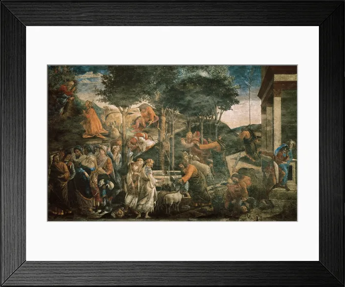 Framed Print : BOTTICELLI, Alessandro di Mariano dei Filipepi, also called Sandro (1445-1510). The Trials and Calling of Moses. 1481-1482. VATICAN CITY. Vatican Palaces. In the Sistine Chapel Framed Print : BOTTICELLI, Alessandro di Mariano dei Filipepi, also called Sandro (1445-1510). The Trials and Calling of Moses. 1481-1482. VATICAN CITY. Vatican Palaces. In the Sistine Chapel