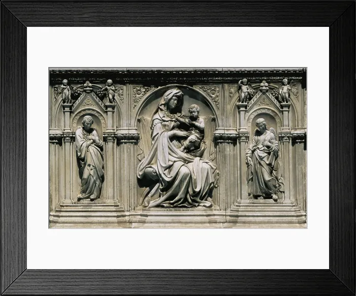 Framed Print : DELLA QUERCIA, Jacopo (1374-1438). Gaia Fountain. 1414-1419. ITALY. Siena. Detail. Renaissance art. Quattrocento. Relief on rock Framed Print : DELLA QUERCIA, Jacopo (1374-1438). Gaia Fountain. 1414-1419. ITALY. Siena. Detail. Renaissance art. Quattrocento. Relief on rock