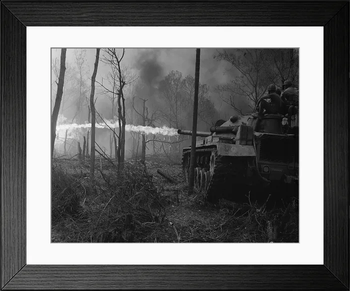 Framed Print : Vietnam War. US Marine flame tanks burn No-name Village during near Binh Son in the Quang Ngai Province. 1969