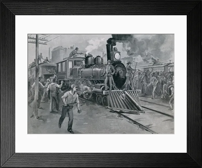 Framed Print : Federal troops guard a train against strikers during the Pullman Strike. July 1894