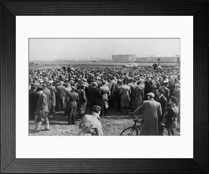Framed Print : Crowd of striking ship repair workers listening to men with loudspeakers at rally at Custom House Fields, London, on March 20, 1957 Framed Print : Crowd of striking ship repair workers listening to men with loudspeakers at rally at Custom House Fields, London, on March 20, 1957