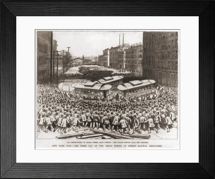 Framed Print : Police use clubs to drive strikers back from a streetcar barricade on Grand Street in Manhattan, during the first day of the street railway employees in March 1886