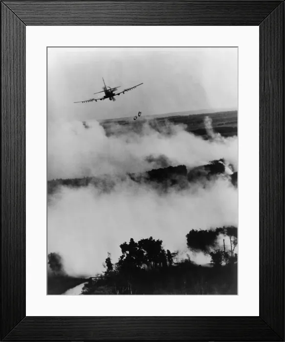 Framed Print : Vietnam War bombing. Two bombs fall from a Vietnamese Air Force A-1E Skyraider over a burning Viet Cong hideout near Cantho, South Viet Nam. 1967 Framed Print : Vietnam War bombing. Two bombs fall from a Vietnamese Air Force A-1E Skyraider over a burning Viet Cong hideout near Cantho, South Viet Nam. 1967