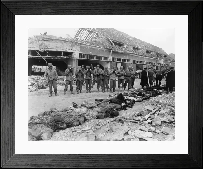 Framed Print : U.S. soldiers photographing of a row of dead inmates, Nordhausen Concentration Camp, April 1945 Framed Print : U.S. soldiers photographing of a row of dead inmates, Nordhausen Concentration Camp, April 1945