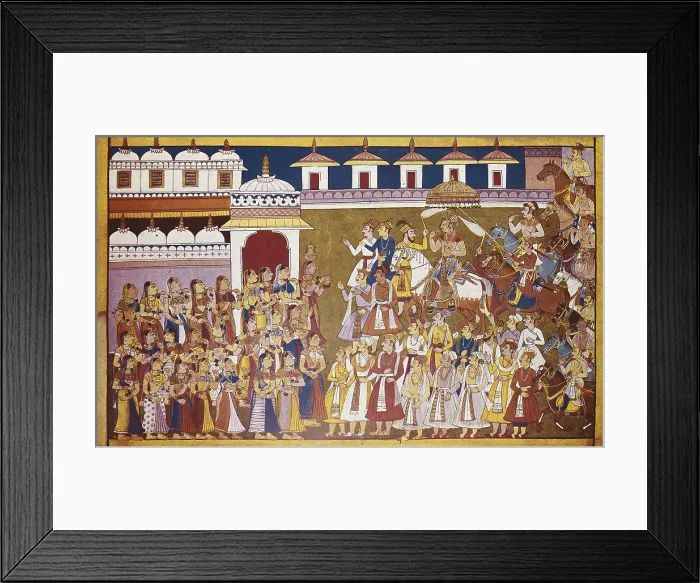 Framed Print : Dasaratha comes back after Putreshthi's sacrifice. Ilustracion from Indian epic poem 'Ramayana', 17th century. Hindu art. Miniature Painting Framed Print : Dasaratha comes back after Putreshthi's sacrifice. Ilustracion from Indian epic poem 'Ramayana', 17th century. Hindu art. Miniature Painting