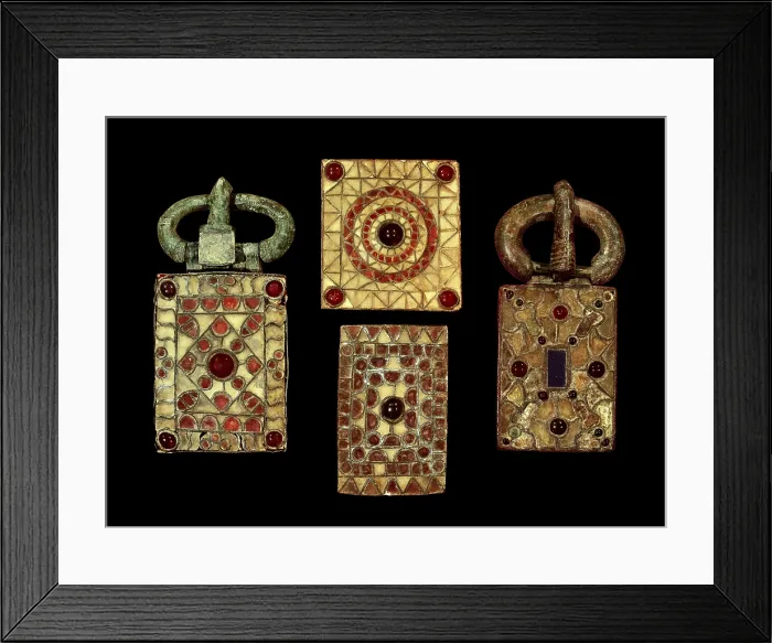Framed Print : Buckles and buckle plaques (6th-7th c.). Visigothic art. Jewelry. SPAIN. Barcelona. Archaeology Museum of Catalonia. Proc: SPAIN. Sepulveda. Duraton. Necropolis