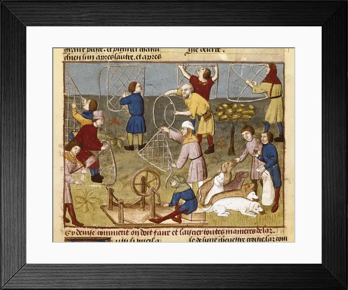 Framed Print : GASTON III de Foix-Bearn (1331 - 1391). Book of the Hunt (Livre de Chasse). 1387 - 1389. Making traps with ropes. Gothic art. Miniature Painting. FRANCE. Chantilly