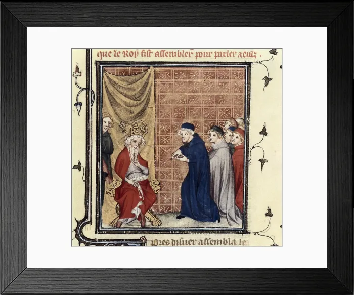 Framed Print : Theologians from Universite Sorbonne greeting King Charles V of France. Illustration of 'Grandes Chroniques de France' (14th century). FRANCE. Paris. National Library