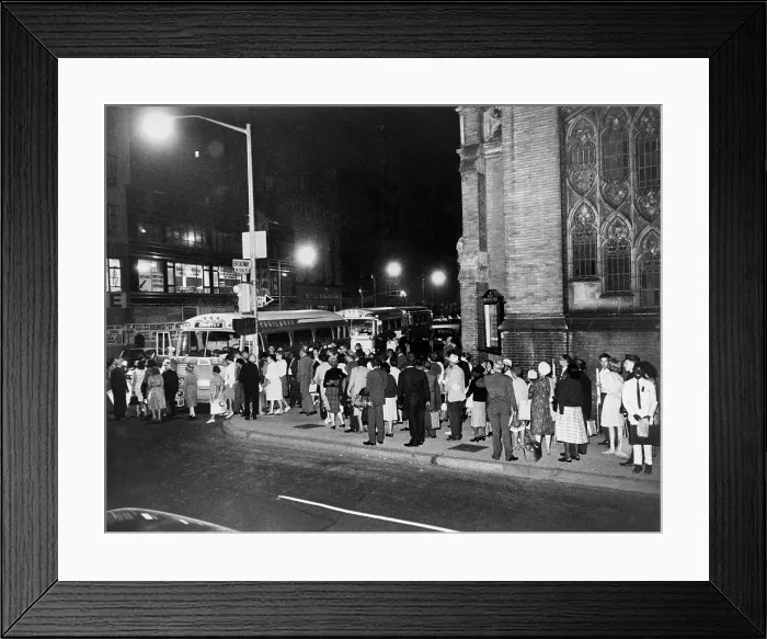 Framed Print : 1963 March on Washington. In the early morning, Marchers boarding buses for Washington, D.C. outside Broadway Congregational Church, New York City. Aug. 28, 1963 Framed Print : 1963 March on Washington. In the early morning, Marchers boarding buses for Washington, D.C. outside Broadway Congregational Church, New York City. Aug. 28, 1963
