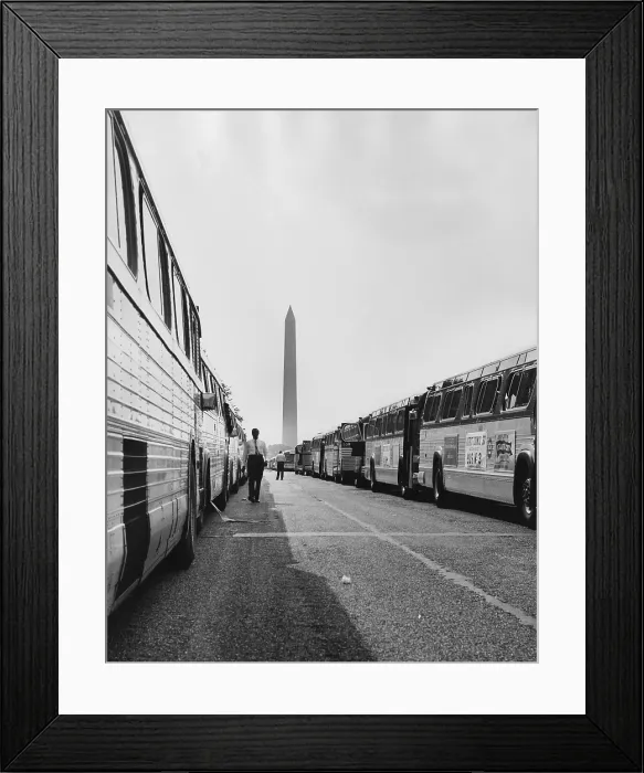 Framed Print : 1963 March on Washington. Two long lines of buses used to transport marchers to Washington. Aug. 8, 1963
