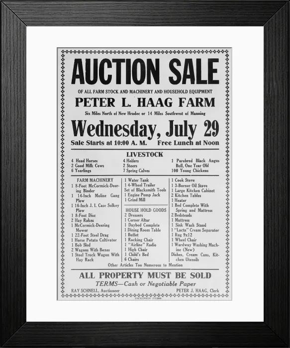 Framed Print : Auction sale notice of the farm and household assets of a North Dakota farmer in 1936. Farm crisis bankruptcy caused families to lose everything Framed Print : Auction sale notice of the farm and household assets of a North Dakota farmer in 1936. Farm crisis bankruptcy caused families to lose everything