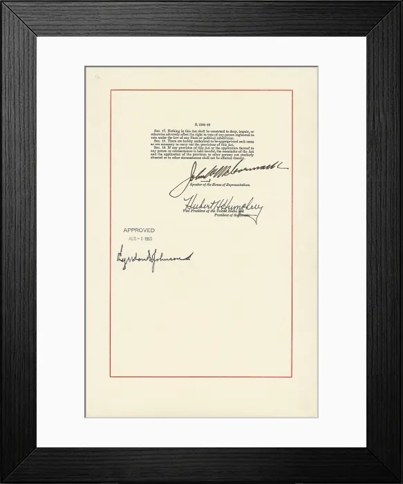 Framed Print : 1965 Voting Rights Act. Last page with signatures Speaker of the House, John McCormack; VP and President of the Senate, Hubert Humphrey; and President Lyndon Johnson. Aug. 6, 1965