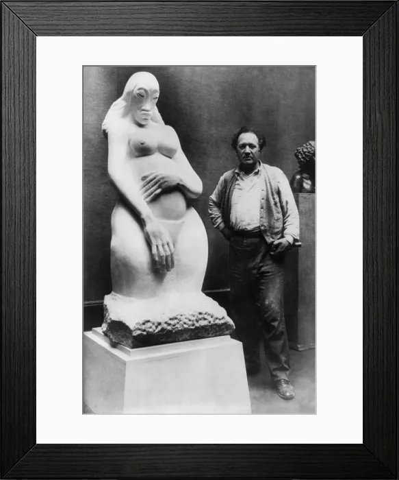 Framed Print : Jacob Epstein, British sculptor with Genesis, an expressionist pregnant nude, 1931. Image has fine art copyright