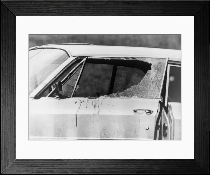 Framed Print : Smashed car window and bloodstains after the murder of Viola Liuzzo. Liuzzo was shot by Ku Klux Klan while ferrying marchers back to Selma from Montgomery. March 25, 1965
