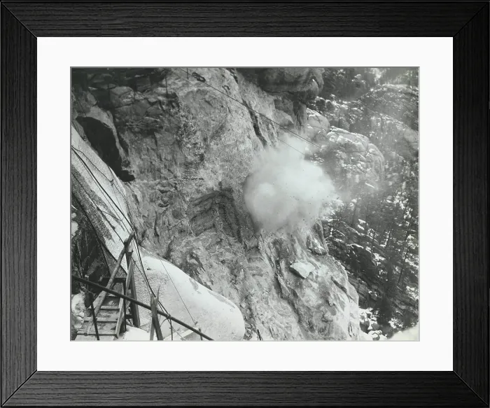 Framed Print : Blasting dynamite on Abraham Lincoln sculpture on Mount Rushmore, ca. 1935