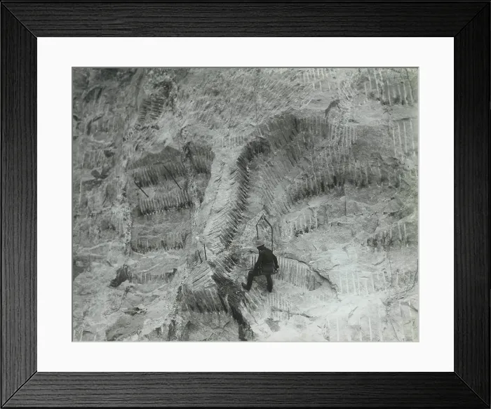 Framed Print : Rough form of Mount Rushmore head, carved by dynamite, 1930s. A worker, hanging swing seats, inspects the blasting results. Photo by Charles d'Emery Framed Print : Rough form of Mount Rushmore head, carved by dynamite, 1930s. A worker, hanging swing seats, inspects the blasting results. Photo by Charles d'Emery