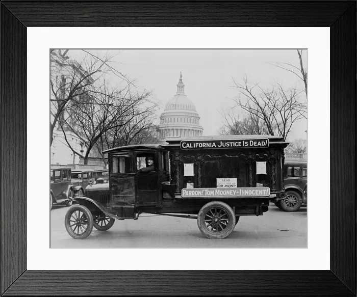 Framed Print : Flatbed truck signs read: California Justice is Dead! (top) and Pardon! Tom Mooney-Innocent! The U.S. Capitol building is in background, 1931 Framed Print : Flatbed truck signs read: California Justice is Dead! (top) and Pardon! Tom Mooney-Innocent! The U.S. Capitol building is in background, 1931