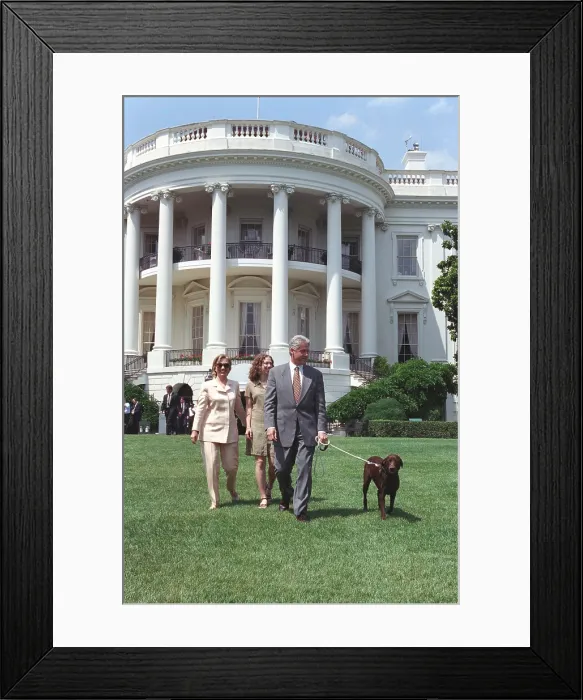 Framed Print : President Bill Clinton, Hillary and Chelsea Clinton, and Buddy the Dog on the South Lawn. July 24, 1998. (BSLOC_2015_2_206)