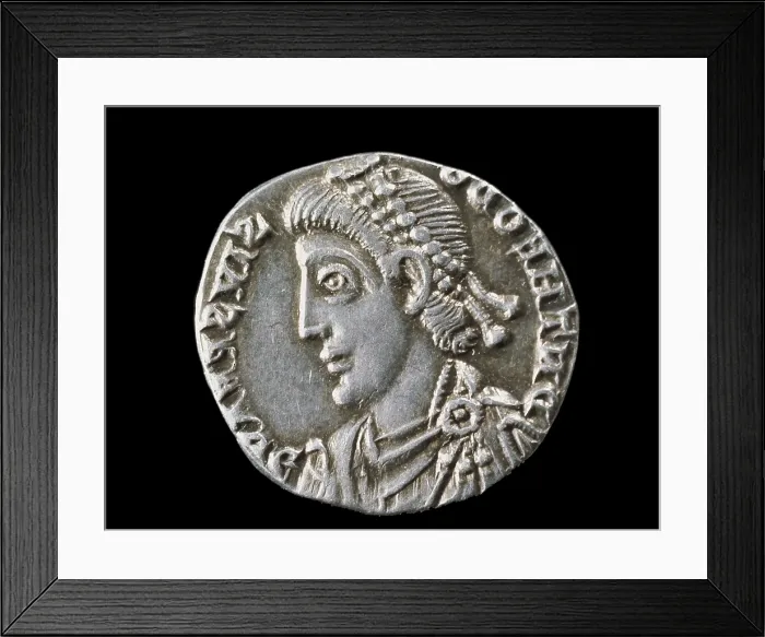 Framed Print : Theodosius I the Great (347 - 395). Roman emperor (379-395). He made the Christianity the official religion of the Empire. Effigy in silver siliqua of the 4th century. Roman art