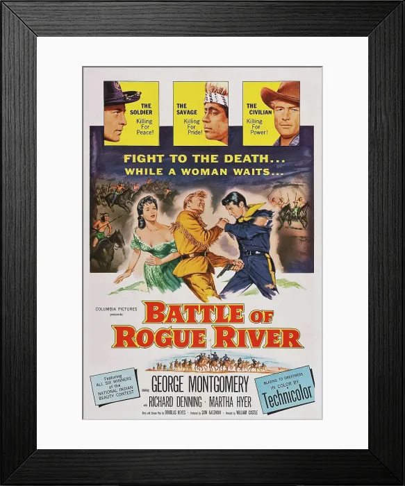 Framed Print : BATTLE OF ROGUE RIVER, US poster art, top from left: George Montgomery, Michael Granger, Richard Denning; bottom left: Martha Hyer, 1954 Framed Print : BATTLE OF ROGUE RIVER, US poster art, top from left: George Montgomery, Michael Granger, Richard Denning; bottom left: Martha Hyer, 1954