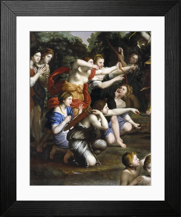 Framed Print : DOMENICHINO, Domenico Zampieri, called (1581-1641). Diana hunting. 1616 - 1617. Detail of nymphs with bows, theme inspired by the Aeneid of Virgil. Baroque art. Oil on canvas