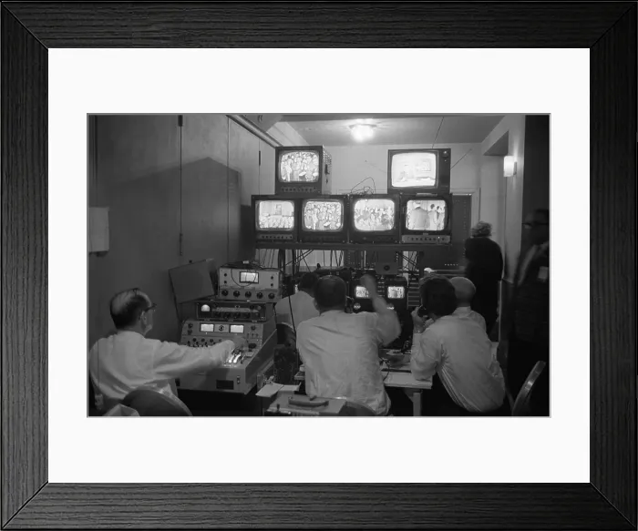 Framed Print : Broadcasting technicians, seated in front of bank of television sets at the Democratic Headquarters. Election Night, November 3, 1964, at the Mayflower Hotel in Washington, D.C Framed Print : Broadcasting technicians, seated in front of bank of television sets at the Democratic Headquarters. Election Night, November 3, 1964, at the Mayflower Hotel in Washington, D.C