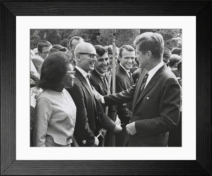 Framed Print : President John Kennedy meets with one of the first groups of Peace Corps volunteers. White House lawn, Aug. 21, 1961. (BSLOC_2015_2_225)