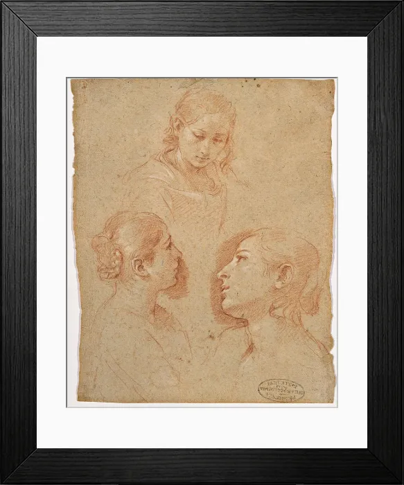 Framed Print : Three Studies of Female Heads, by Cantarini Simone known as il Pesarese, 17th Century, 1600 -1650 about, red and white chalk on paper ocher, mm 244 x 112 - Italy, Veneto, Venice Framed Print : Three Studies of Female Heads, by Cantarini Simone known as il Pesarese, 17th Century, 1600 -1650 about, red and white chalk on paper ocher, mm 244 x 112 - Italy, Veneto, Venice