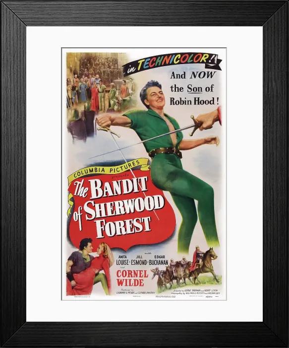 Framed Print : THE BANDIT OF SHERWOOD FOREST, US poster art, bottom left: Cornel Wilde, Anita Louise; top right: Cornel Wilde, 1946